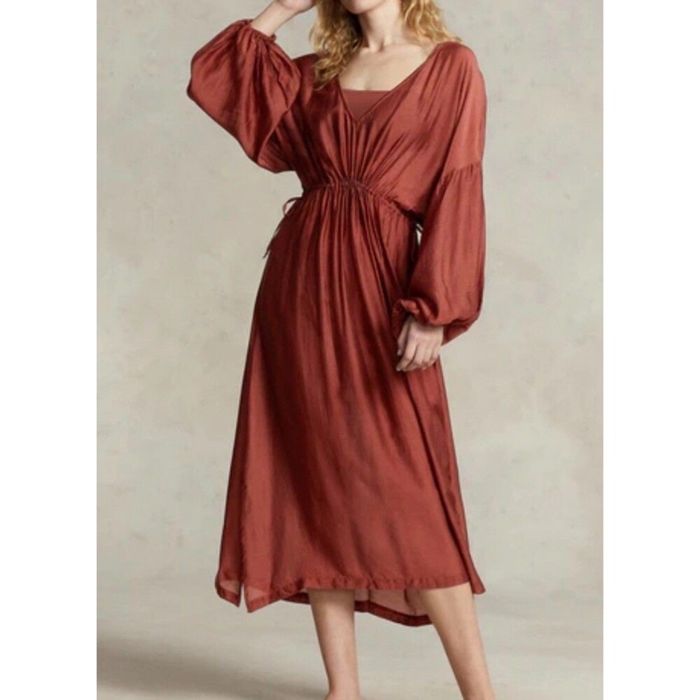 Polo Ralph Lauren Viscose Peasant Billowy Boho Cover Up Dress Maxi Cinched Waist